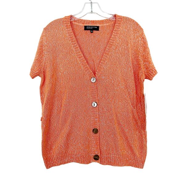 Jones New York Orange Knit Short Sleeve Cardigan Sz L - Picture 1 of 7